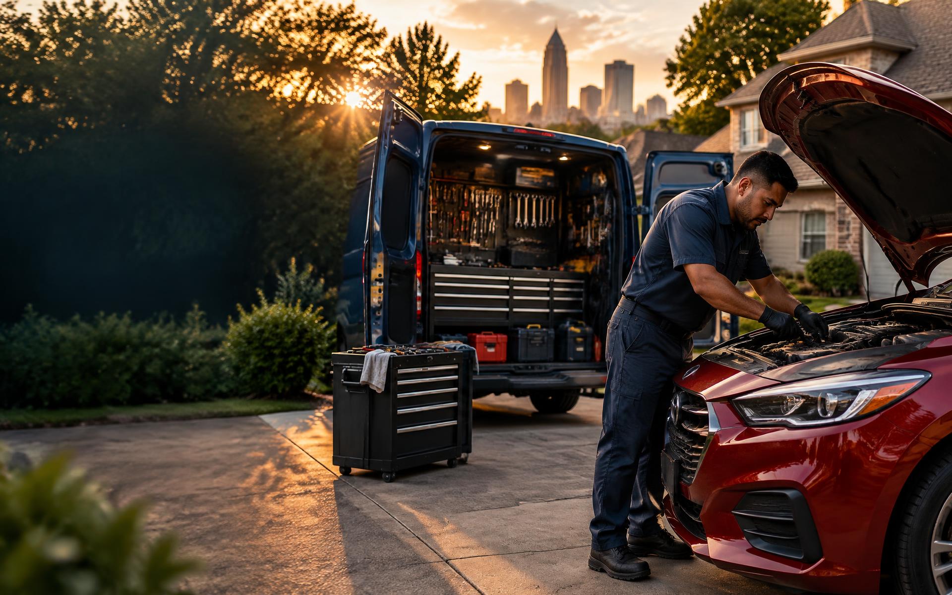 Mobile mechanic servicing a red car in a driveway / Mecánico móvil reparando un auto rojo